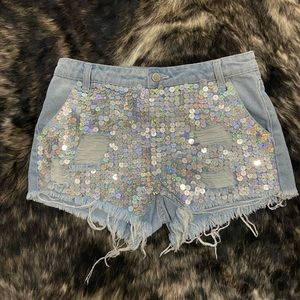 Denim sequin distressed shorts